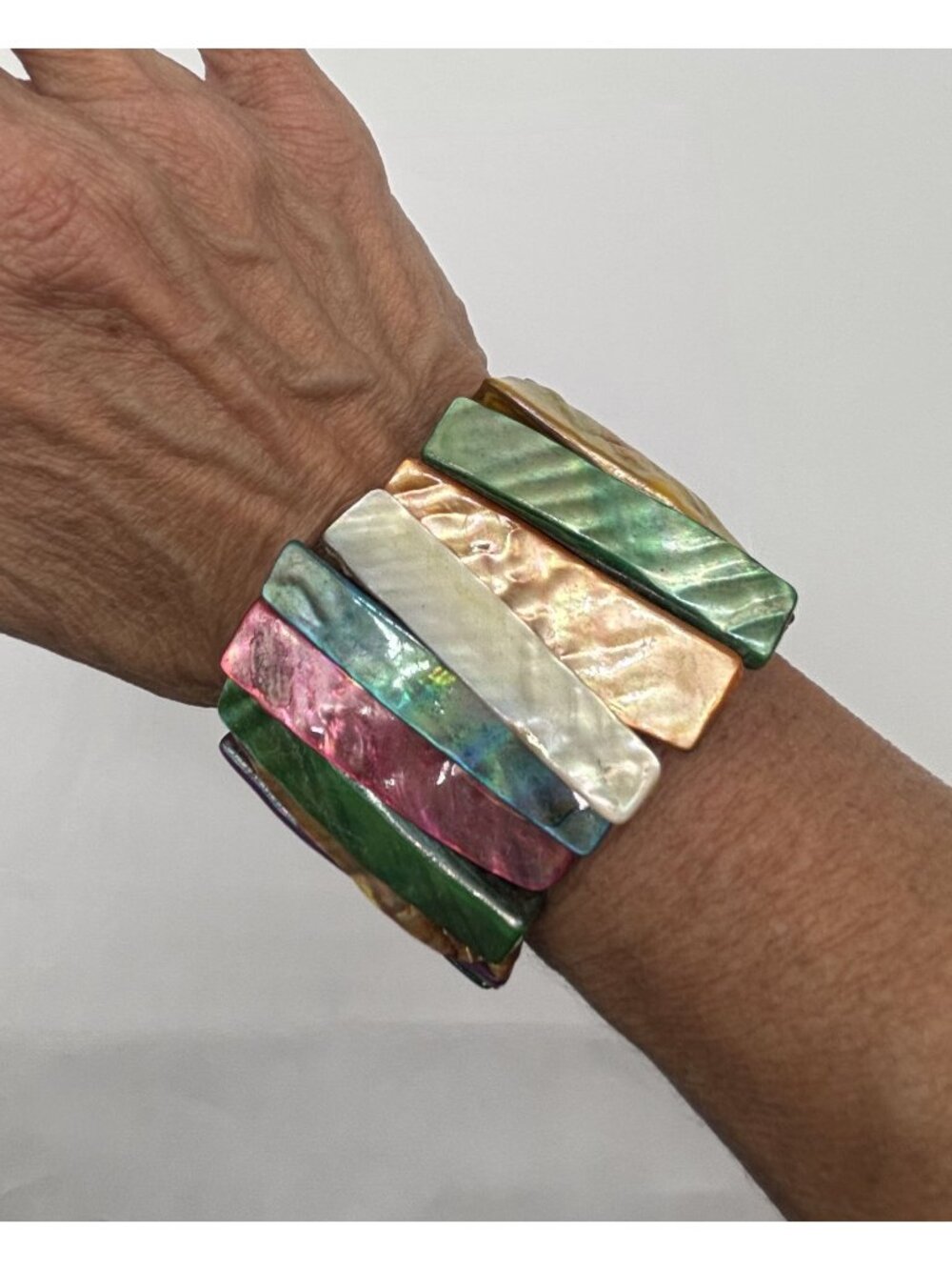 Vintage Shell Mother of Pearl Sticks Stretch Bracelet Cuff Multi Color Unbranded